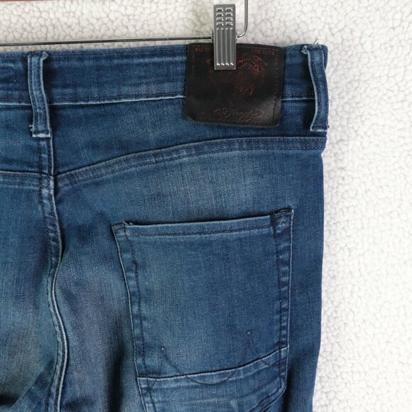 Ed Hardy Jeans Womens 34 Blue Distressed Stone Wash Straight Whiskers Stretch - Picture 5 of 12